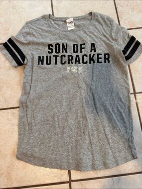 PINK Victoria's Secret Heather Gray Short Sleeve Tee with Black Sleeve Stripes